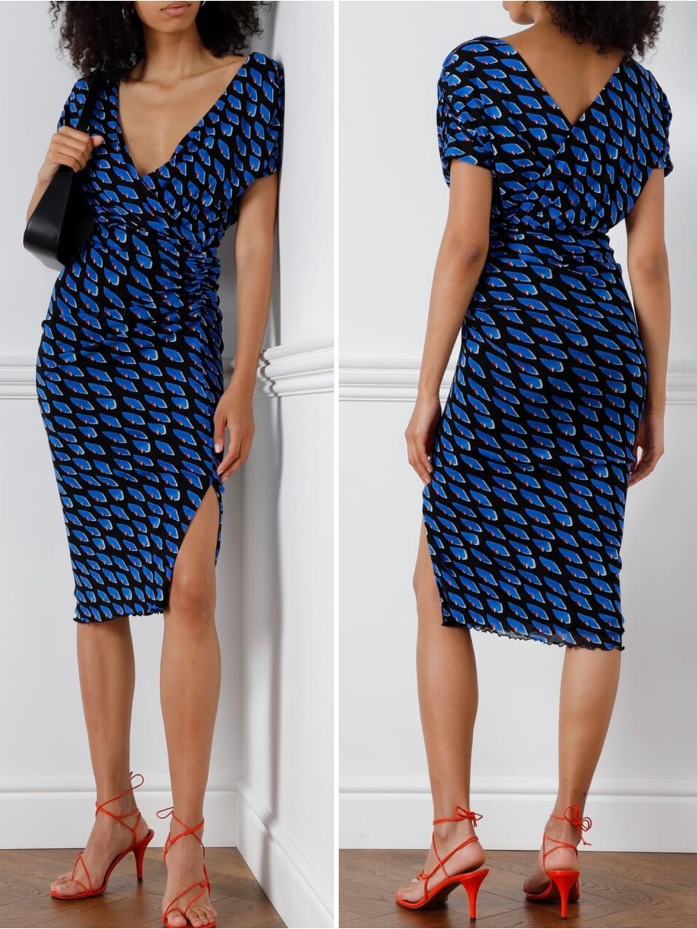 Diane von Furstenberg Women’s Sebastian Mesh Geometric Print V Neck Midi Dress